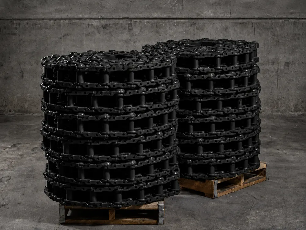 Track chains coiled on pallets