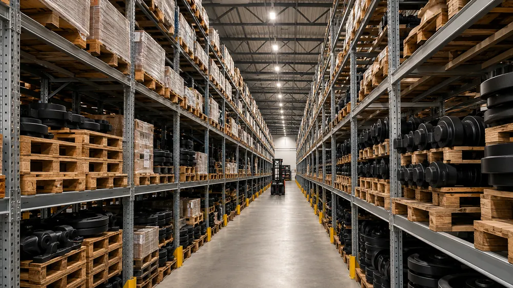 Warehouse aisle stocked with undercarriage parts