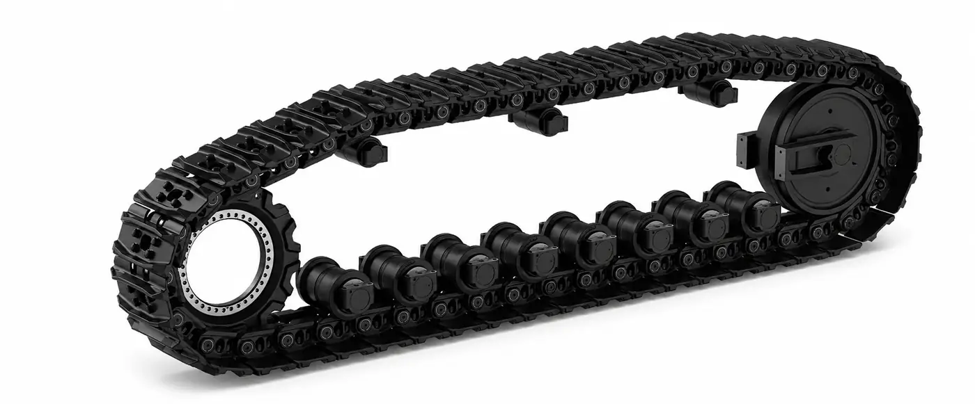 Complete undercarriage system — track chain, shoes, rollers, idler and sprocket