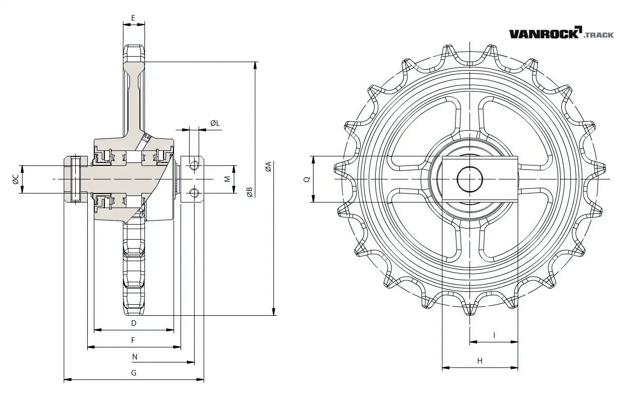 Technical drawing — Roda guia (tipo 1) para SCHAEFF HR12 Miniescavadeiras