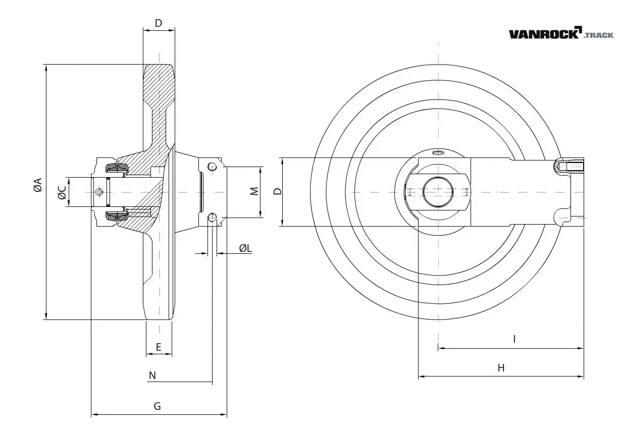 Technical drawing — Roda guia (tipo 2) para JCB ROBOT 190T Minicarregadeiras