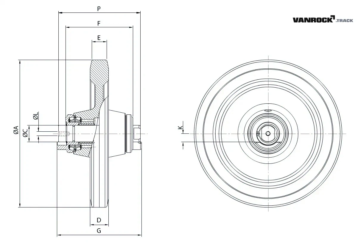 Technical drawing — Rueda guía (tipo 2) para CASE 440T Minicargadoras