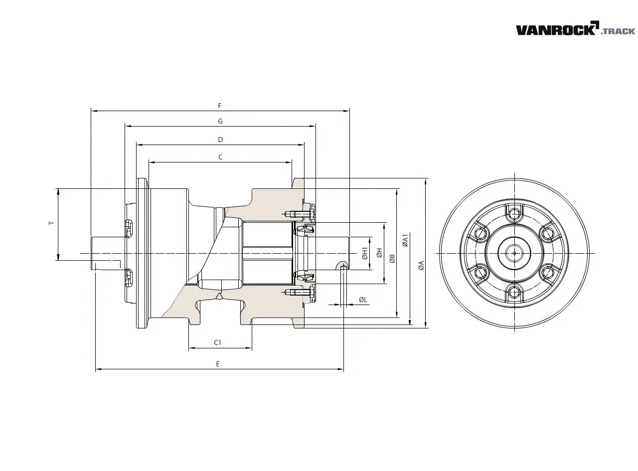 Technical drawing — Track roller (2 flanges) for KOMATSU D375A 2 Bulldozers