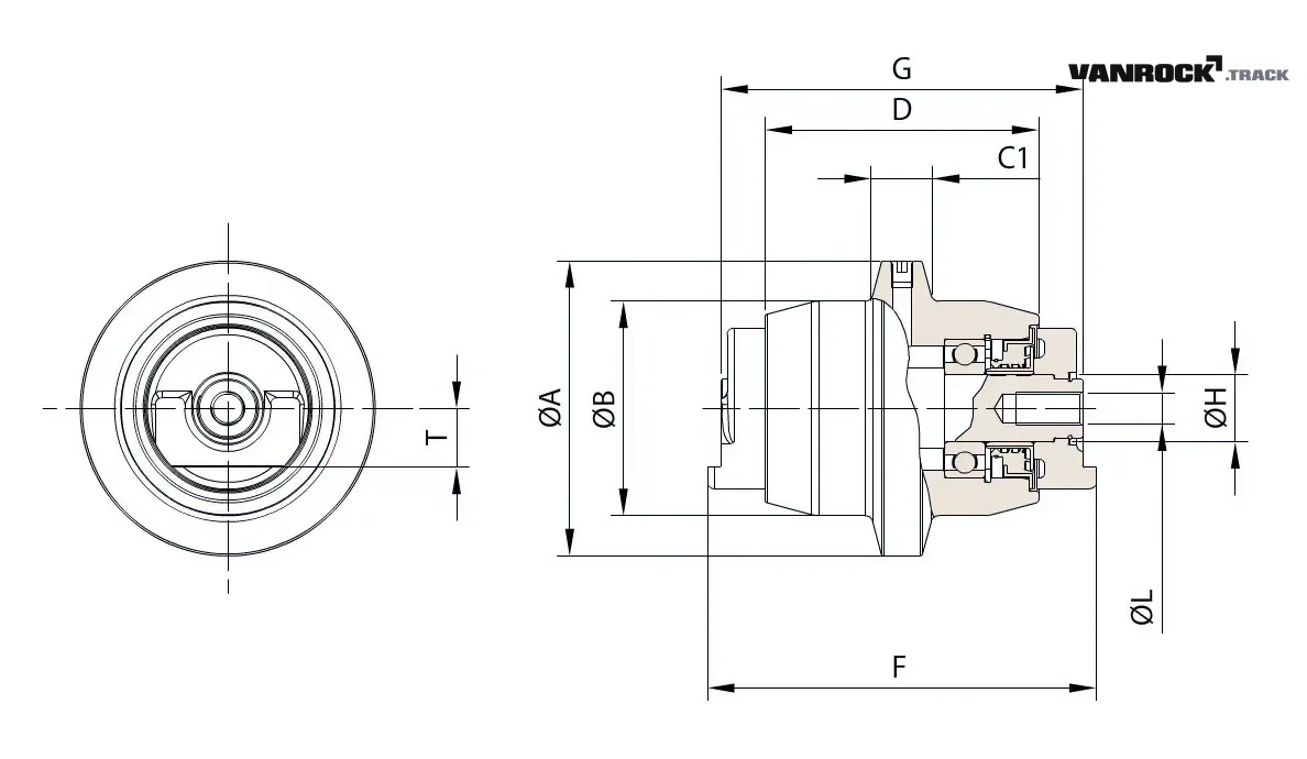 Technical drawing — Laufrolle (1 Bund) für CASE CX26B Minibagger