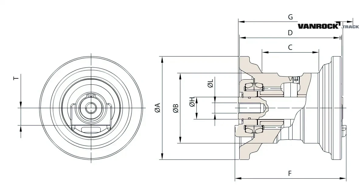 Technical drawing — Rolete inferior (1 flange) para CASE CX31 Miniescavadeiras