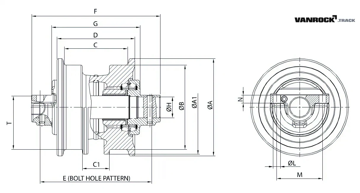 Technical drawing — Rodillo inferior (1 pestaña) para CASE 320 Topadoras