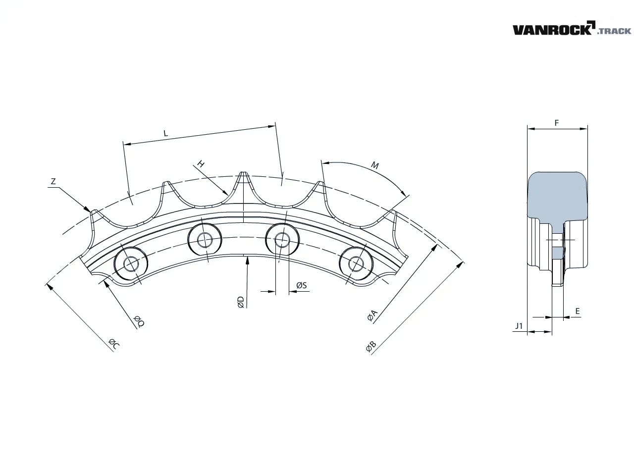 Technical drawing — Segmento de piñón (tipo 1) para CATERPILLAR D8D Topadoras