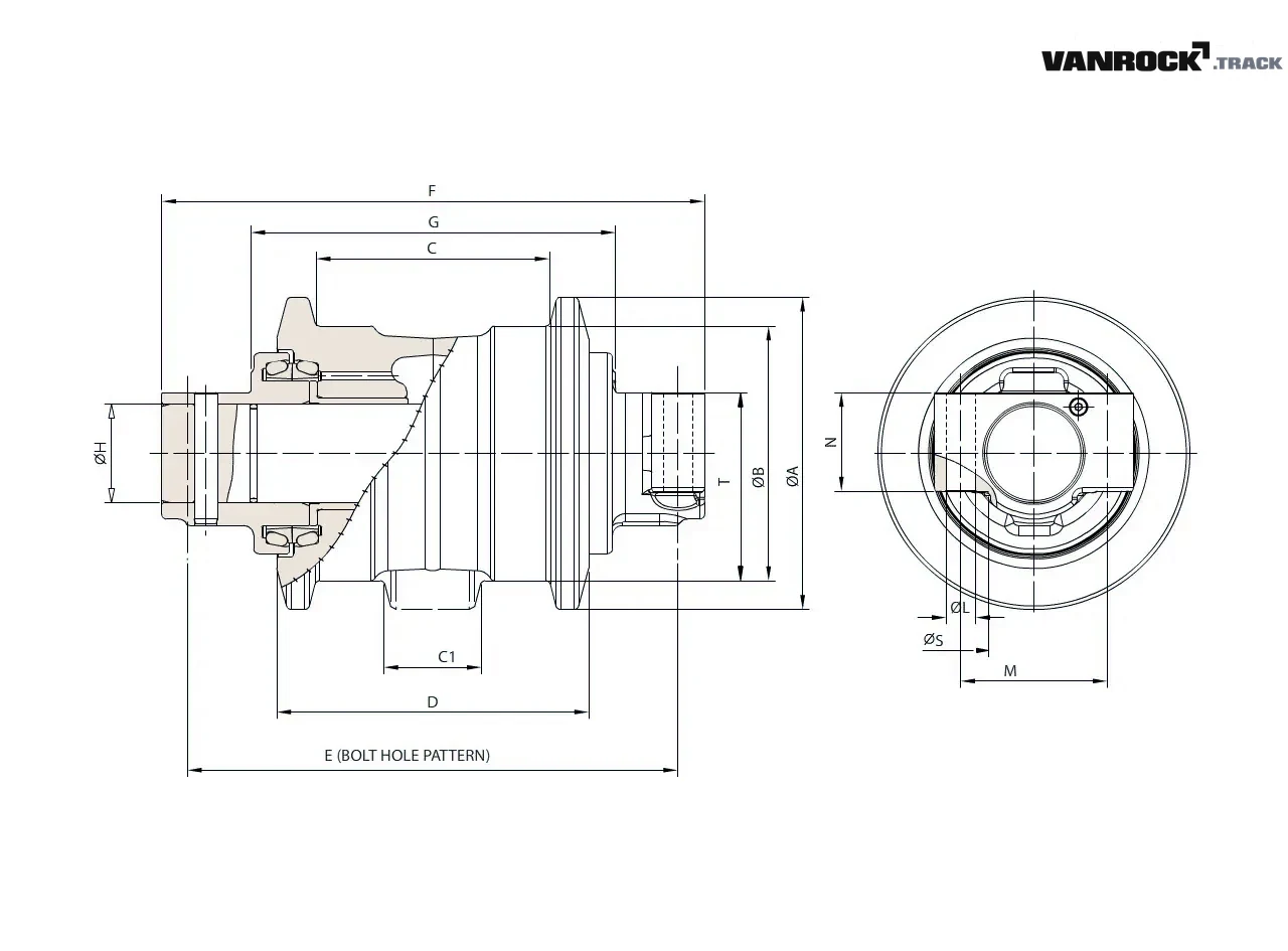 Technische tekening — Onderrol (1 flens) voor FIAT-HITACHI EX215LC Graafmachines